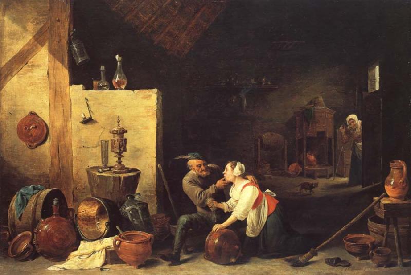 David Teniers An Old Peasant Caresses a Kitchen Maid in a Stable oil painting image